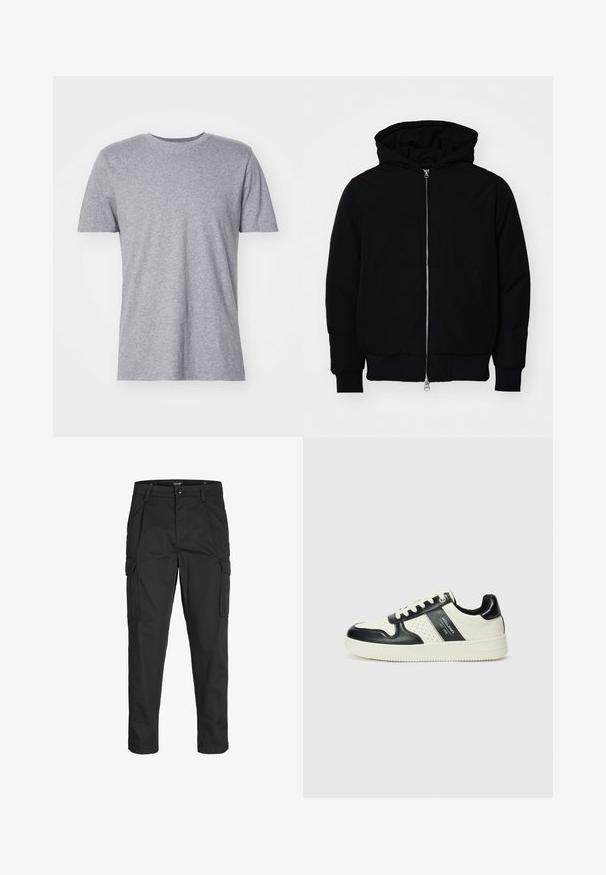 Juodas gobtuvėlis su priekiniu užtrauktuku, kengūros tipo kišene, lygiais rankogaliais ir apvadu, pateiktas ant vientiso balto fono.; Pilkas trumpomisRankovėmis marškinėliai, pagaminti iš medvilnės mišinio, su klasikiniu apvaliu kaklu ir glotnia, minkšta tekstūra.; Juodi krovinių tipo džinsai, pagaminti iš tvirto audinio, su keliais kišeniais, mygtuko uždarymu ir siauru, prigludusiu dizainu su siaurėjančiomis kojomis.; Odiniai sportbačiai juodos ir kreminės spalvų schemoje, su perforuotais akcentais, paminkštinta apykakle ir tekstūruotu padu.