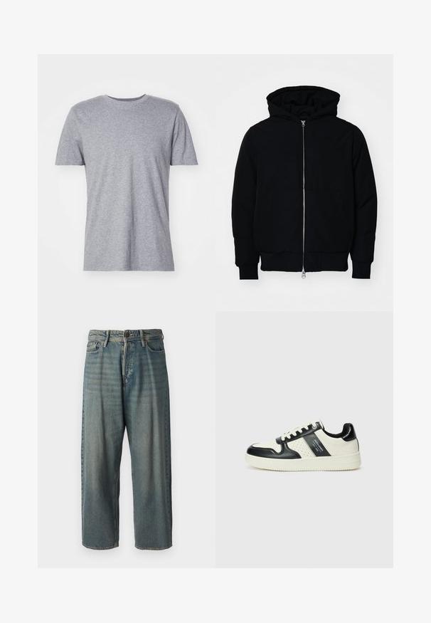 Mustaga kapuutsiga jakk, millel on esineed, kenguru tasku, soonikkoes, ja alläär, esitatud lihtsal valgel taustal.; Hall ja lühikeste varrukatega T-särk, mis on valmistatud puuvillasegusest kangast, klassikalise ümmarguse kaelusega ja sujuva, pehme tekstuuriga.; Heledad sinine denim-stiilis teksad, volüümse lõike, keskmise kõrgusega talje ja sirgete säärega. Omab viit taskut, vöökumme ja nööpide sulgemist.; Nahatud nahkkingad musta ja kreemi värviskeemiga, millel on perforeeritud aktsendid, pehme krae ja tekstureeritud tallad.