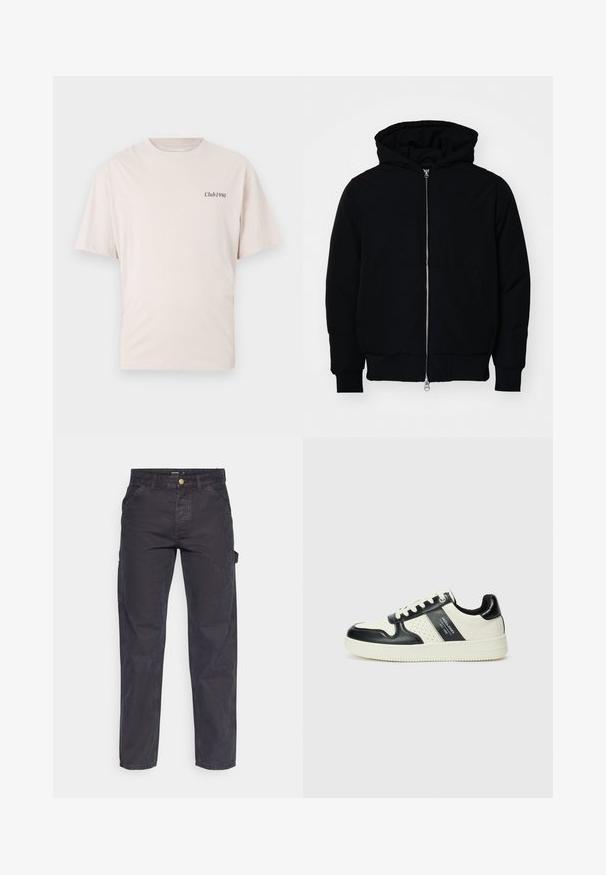 Jachetă neagră cu glugă, cu fermoar în față, buzunar tip kangaroo, mansete și tiv ribbed, prezentată pe un fundal alb simplu.; Tricou din bumbac de culoare bej deschis, cu mâneci scurte și guler rotund, având un mic logo negru "Club1990" pe partea stângă a pieptului.; Pantaloni cargo gri închis, confecționați dintr-un material durabil, cu croială dreaptă, cinci buzunare și închidere cu nasture la talie.; Tenisi din piele cu un scheme de culori negru și crem, dotati cu accente perforate, guler căptușit și o talpă texturată.