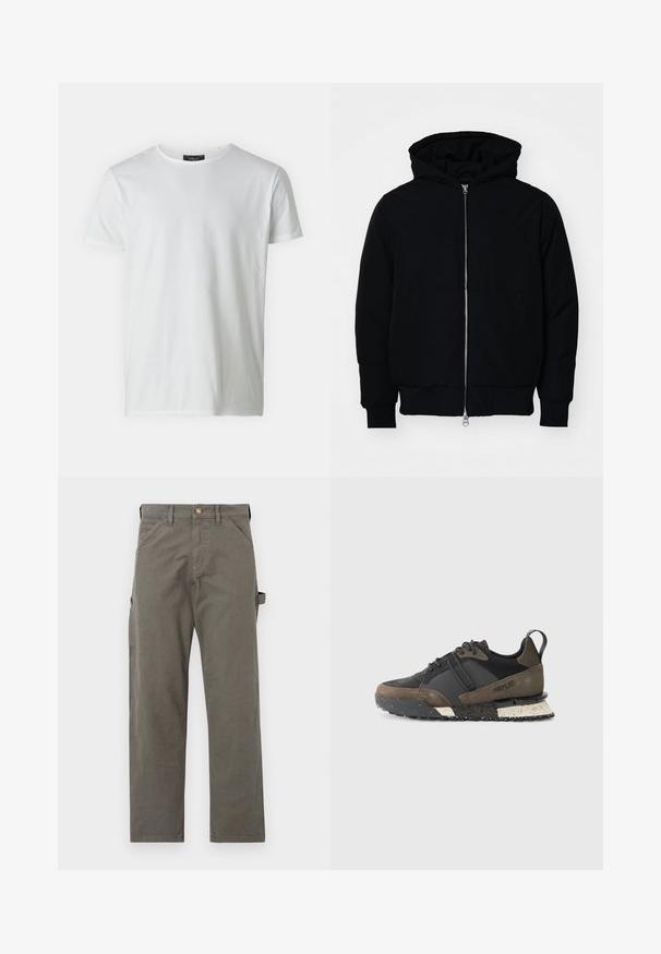 Black hooded jacket with front zipper, kangaroo pocket, ribbed cuffs, and hem, displayed on a plain white background.; White short-sleeve crew neck t-shirt made of cotton with a smooth texture. Features a tag at the collar. Simple, plain design.; Cargo pants in dark gray cotton with a straight leg, featuring side pockets and a button closure at the waist. Smooth texture, minimal detailing.; Replay FIELD JUPITER CRAFT - Trainers - black/dark grey