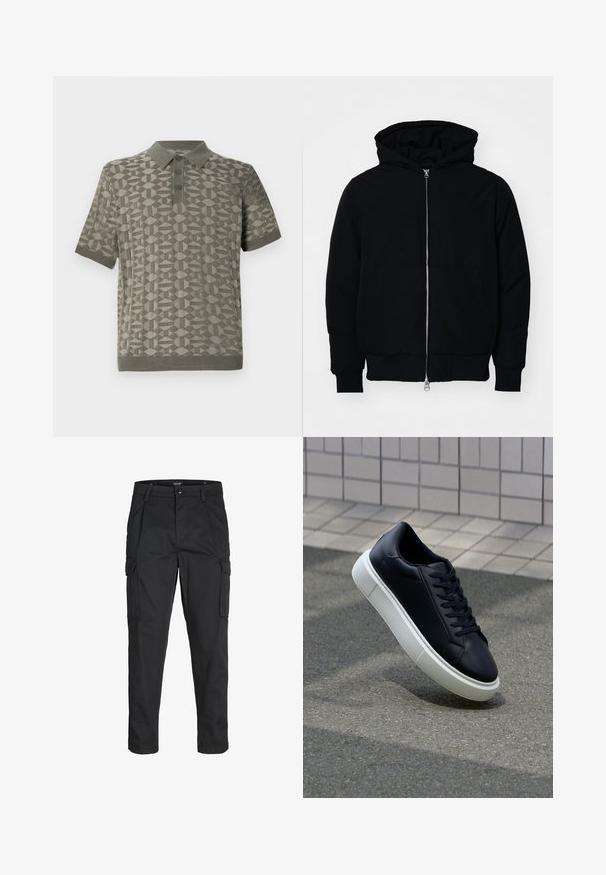 Čierna kapucňová bunda s predným zipsom, klokaními vreckami, rebrovanými manžetami a lemom, zobrazená na bielom pozadí.; Polo tričko s krátkym rukávom v olivovej farbe s geometrickým vzorom, s rebrovaným golierom a lemom, a troma gombíkmi na prednej strane.; Čierne cargo nohavice z odolnej látky, s viacerými vreckami, gombíkovým zapínaním a úzkym strihom so zúženými nohavicami.; Čierne kožené tenisky s okrúhlou špičkou a bielou gumovou podrážkou. Majú ploché šnúrky a minimálne šitie na vrchu. Textúrovaná podrážka pre lepšiu priľnavosť.