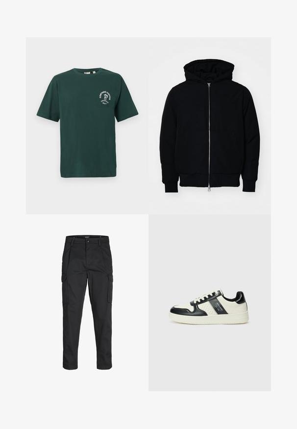 Black hooded jacket with front zipper, kangaroo pocket, ribbed cuffs, and hem, displayed on a plain white background.; Green cotton t-shirt with short sleeves, round neckline, and white "Cortado Coffee" logo featuring a coffee cup graphic on the chest.; Black cargo pants made of sturdy fabric, featuring multiple pockets, a button closure, and a slim fit design with tapered legs.; Leather sneakers with a black and cream color scheme, featuring perforated accents, a padded collar, and a textured outsole.