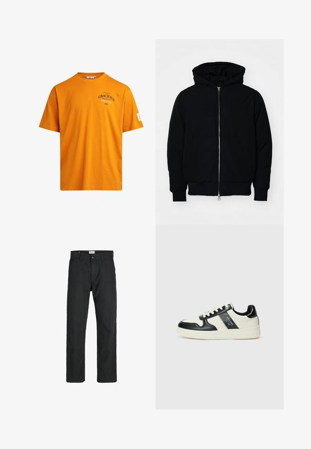 Black hooded jacket with front zipper, kangaroo pocket, ribbed cuffs, and hem, displayed on a plain white background.; Orange cotton t-shirt with short sleeves, round neck, and printed text. Features a tag on the left sleeve and a straight hemline.; Black pants made of durable fabric, featuring a straight-leg design, stitched accents, and two front pockets for functionality.; Leather sneakers with a black and cream color scheme, featuring perforated accents, a padded collar, and a textured outsole.