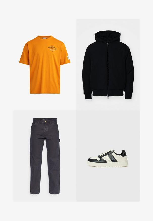 Sort hættejakke med frontlynlås, kængurulomme, ribbede manchetter og kant, præsenteret på en ensfarvet hvid baggrund.; Orange bomulds T-shirt med korte ærmer, rund hals og trykt tekst. Har et mærke på venstre ærme og en lige kant.; Mørkegrå cargo-bukser lavet af slidstærkt stof, med lige ben, fem lommer og en knaplukning i taljen.; Lædersneakers i sort og creme farveskema, med perforerede detaljer, en polstret krave og en struktureret ydersål.