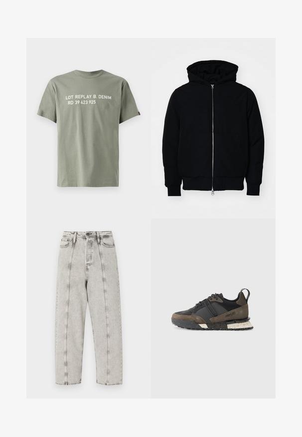 Juodas gobtuvėlis su priekiniu užtrauktuku, kengūros tipo kišene, lygiais rankogaliais ir apvadu, pateiktas ant vientiso balto fono.; Replay Marškinėliai su spaudiniu - sage green; Pilka aukšta juosmens džinsai su laisvu siluetu, tiesios kojų dizainas, matoma siūlė ir nusidėvėjusi tekstūra.; Replay FIELD JUPITER CRAFT - Sportbačiai - black/dark grey