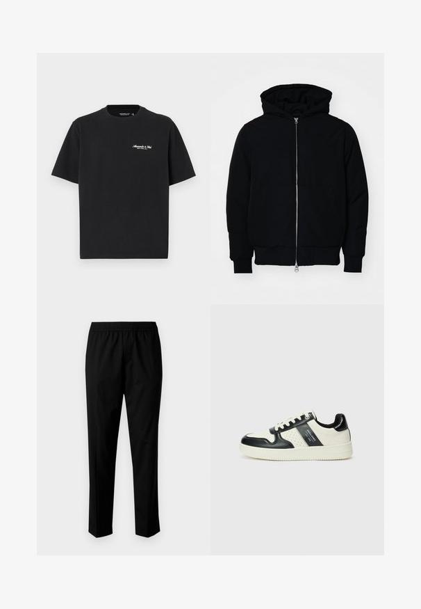 Juodas gobtuvėlis su priekiniu užtrauktuku, kengūros tipo kišene, lygiais rankogaliais ir apvadu, pateiktas ant vientiso balto fono.; Juodas trumpo rankovių marškinėliai, pagaminti iš medvilnės. Yra apvalios apykaklės ir mažas baltas tekstas ant krūtinės. Paprastas dizainas be papildomų raštų.; Juodi kelnės su elastingu juosmeniu, turinčios tiesaus kirpimo dizainą. Audinys atrodo lygus su matinėmis tekstūromis, be matomų raštų.; Odiniai sportbačiai juodos ir kreminės spalvų schemoje, su perforuotais akcentais, paminkštinta apykakle ir tekstūruotu padu.