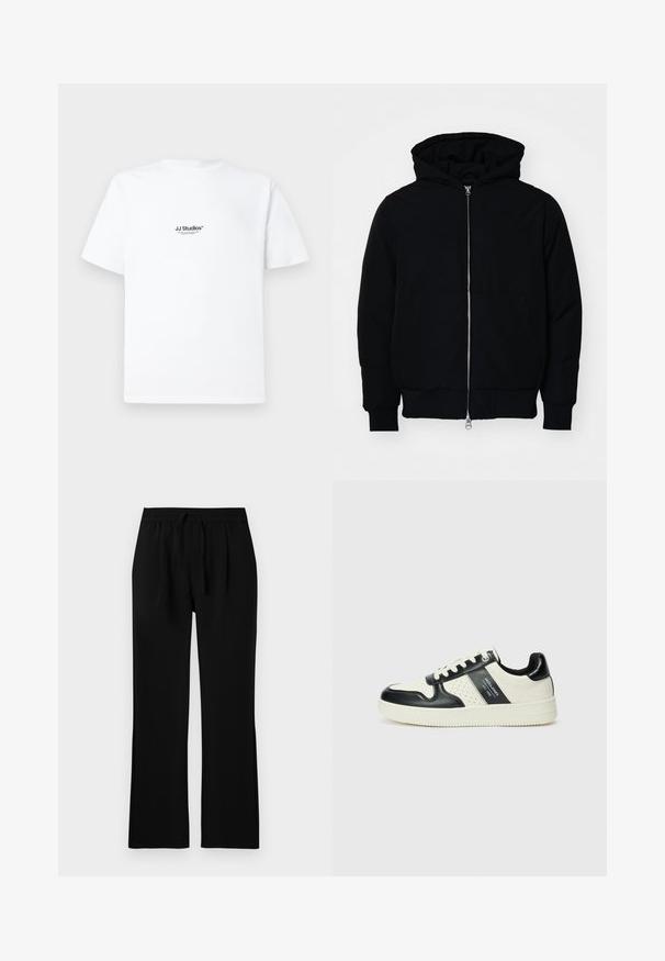 Melna kapucēta jaka ar priekšējo rāvējslēdzēju, kenguru kabatu, ribinātām aprocēm un apakšmalu, parādīta uz vienkārša balta fona.; Balta kokvilnas t-kreklu ar īsām piedurknēm. Uz krūtīm ir neliels melns logotipa teksts "JJ Studios". Vienkāršs, bez rotājumiem design.; Melnas bikses ar brīvu piegriezumu, kas aprīkotas ar elastīgu jostasvietu un auklu. Gluda tekstūra, taisnas kājas, nav redzamu kabatu.; Ādas sporta apavi ar melnbaltu krāsu shēmu, ar perforētiem akcentiem, mīkstinātu apkakli un teksturētu zoli.