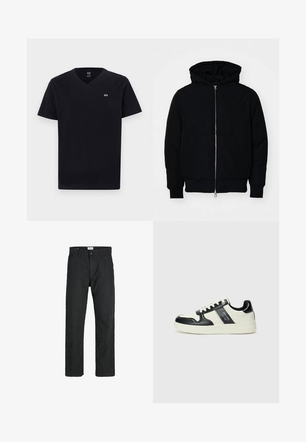 Zwarte hoodie met rits aan de voorkant, kangoeroe-pocket, geribbelde manchetten en zoom, weergegeven op een effen witte achtergrond.; Zwarte katoenen t-shirt met een v-hals, korte mouwen en een klein wit geborduurd logo op de linkerborst. Soepele textuur, klassieke pasvorm.; Zwarte broeken gemaakt van duurzame stof, met een recht gesneden ontwerp, gestikte accenten en twee voorzakken voor functionaliteit.; Leren sneakers met een zwart en crèmekleurig kleurenschema, voorzien van geperforeerde accenten, een gevoerde kraag en een gestructureerde buitenzool.