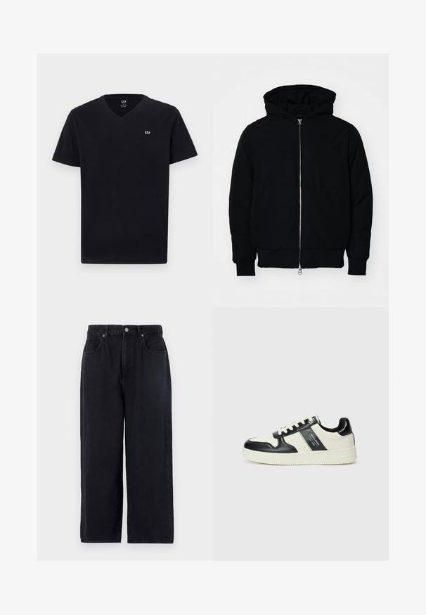 Black hooded jacket with front zipper, kangaroo pocket, ribbed cuffs, and hem, displayed on a plain white background.; Black cotton t-shirt with a v-neck, short sleeves, and a small white embroidered logo on the left chest. Smooth texture, classic fit.; Black denim pants with a straight leg design, featuring five pockets, a button closure, and a clean finish. Durable fabric with a matte texture.; Leather sneakers with a black and cream color scheme, featuring perforated accents, a padded collar, and a textured outsole.