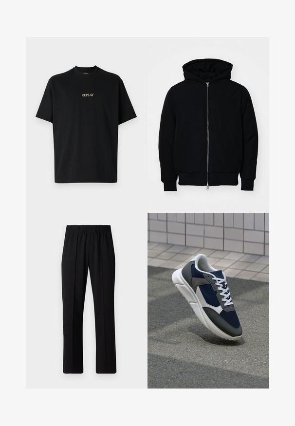 Mustaga kapuutsiga jakk, millel on esineed, kenguru tasku, soonikkoes, ja alläär, esitatud lihtsal valgel taustal.; Must mustaga t-särk, mis on valmistatud puuvillast, ringsuuruses kaelusega ning mille esipinnal on kuldne "REPLAY" logo.; Mustad, elastse puusärgid sirge säärega, mis on sileda tekstuuriga ja ilma nähtavate mustrite või riistadega.; Sneaker, mille sinine võrkkangas, hallid nubukdetailid, valge kummitald ja lamedad valged paelad, disainitud mugavuseks ja hingavuseks.