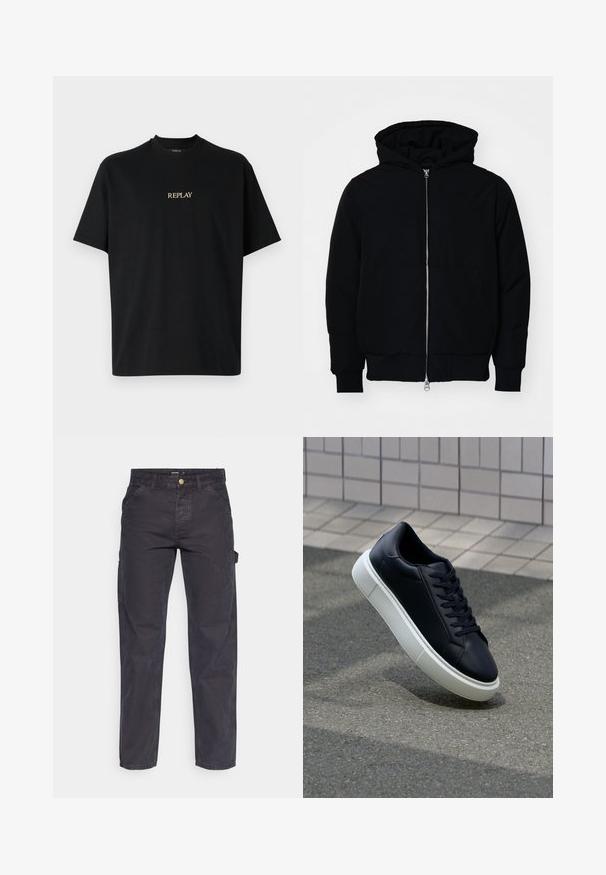 Sort hættejakke med frontlynlås, kængurulomme, ribbede manchetter og kant, præsenteret på en ensfarvet hvid baggrund.; Sort kortærmet t-shirt lavet af bomuld, med en rund halsudskæring og et gyldent "REPLAY" logo trykt på forsiden.; Mørkegrå cargo-bukser lavet af slidstærkt stof, med lige ben, fem lommer og en knaplukning i taljen.; Sort lædersneaker med rund tå og hvid gummisål. Har flade snørebånd og minimal syning på overdelen. Tekstureret sål for bedre greb.