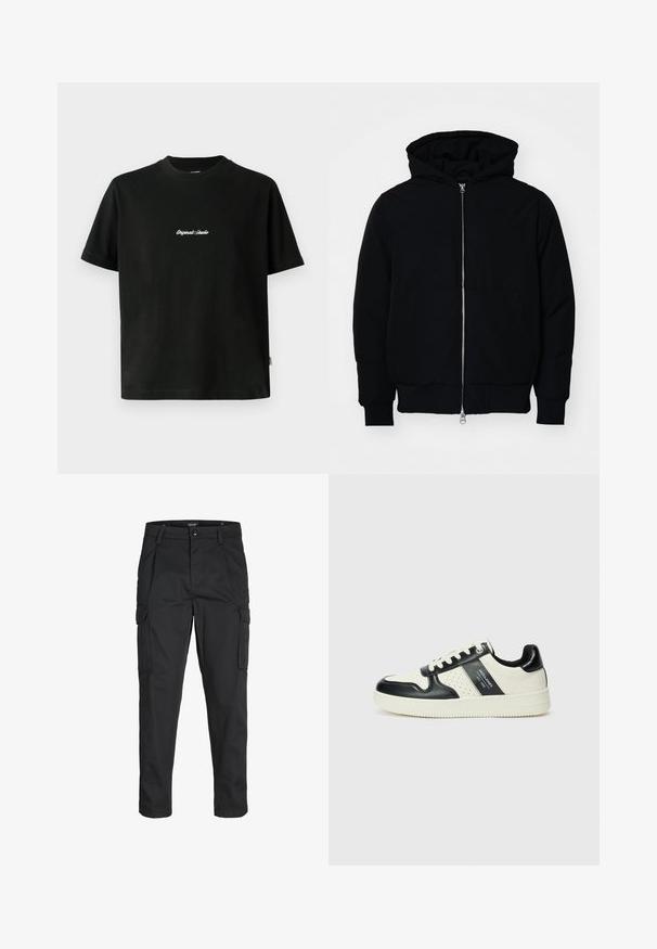 Melna kapucēta jaka ar priekšējo rāvējslēdzēju, kenguru kabatu, ribinātām aprocēm un apakšmalu, parādīta uz vienkārša balta fona.; Melnas kokvilnas T-krekls ar īsām piedurknēm, ar baltu izšūtu tekstu "Original Studio" krūšu daļā un apaļu kakla izgriezumu.; Melnas kravas bikses, izgatavotas no izturīga auduma, ar vairākiem kabatām, pogu aizdari un šaura piegriezuma dizainu ar sašaurinātiem kāju apakšiem.; Ādas sporta apavi ar melnbaltu krāsu shēmu, ar perforētiem akcentiem, mīkstinātu apkakli un teksturētu zoli.