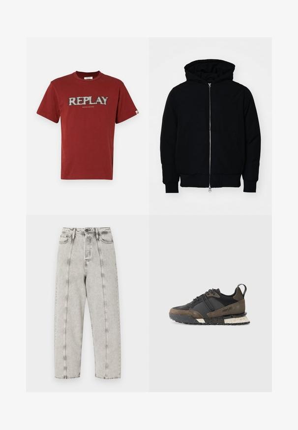 Černá kapucňová bunda s předním zipem, klokaní kapsou, vroubkovanými manžetami a spodním lemem, vystavená na čistém bílém pozadí.; Červené bavlněné tričko s krátkým rukávem, na kterém se nachází bílé textové logo "REPLAY" ve worn-out stylu a pod ním "NINETEEN EIGHTYONE".; Šedé kalhoty s vysokým pasem a volným střihem, s rovným střihem nohavic, viditelným šitím a opranou texturou.; Replay FIELD JUPITER CRAFT - Tenisky - black/dark grey