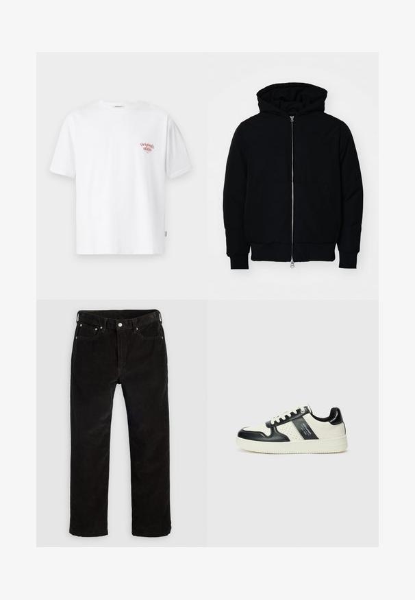 Black hooded jacket with front zipper, kangaroo pocket, ribbed cuffs, and hem, displayed on a plain white background.; White cotton t-shirt with short sleeves and a crew neck, featuring a small red graphic text on the left chest area.; Black corduroy straight-leg pants with front button, zipper fly, belt loops, and five-pocket design on a plain light background.; Leather sneakers with a black and cream color scheme, featuring perforated accents, a padded collar, and a textured outsole.