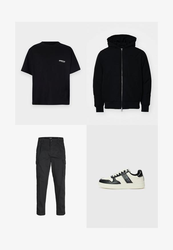 Črna kapuca jakna s sprednjim zadrgo, kenguru žepom, rebrastimi manšetami in hemom, razstavljena na enostavni beli ozadju.; Črna bombažna majica s krožnim izrezom, kratkimi rokavi in belim logotipom na levi prsni strani. Enostaven, neprikrašen dizajn.; Črne cargo hlače iz trdnega blaga, ki imajo več žepov, gumbasto zapiranje in ozek kroj z zožanimi nogami.; Usnjeni športni čevlji z črno in krem barvno shemo, ki vključujejo perforirane dodatke, podložen ovratnik in strukturirano podplat.
