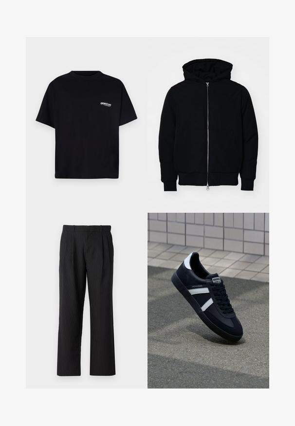 Čierna kapucňová bunda s predným zipsom, klokaními vreckami, rebrovanými manžetami a lemom, zobrazená na bielom pozadí.; Čierne bavlnené tričko s okrúhlym výstrihom, krátkymi rukávmi a bielym logom na ľavej hrudi. Jednoduchý, neohraný dizajn.; Jack & Jones JPSTBILL JJDAYTONA WIDE - Nohavice - black; Čierne kožené tenisky s bielymi pruhmi, textúrovanou gumovou podrážkou a šnurovaním vpredu. Obsahujú označenie značky na jazyku.