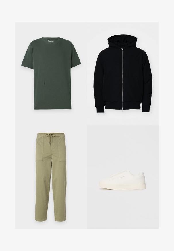 Črna kapuca jakna s sprednjim zadrgo, kenguru žepom, rebrastimi manšetami in hemom, razstavljena na enostavni beli ozadju.; Temnozelena bombažna majica s kratkimi rokavi in okroglim izrezom, sproščenega kroja. Gladka tekstura, brez vzorcev ali okrasitev.; Hlače svetlo olivno zelene barve, izdelane iz bombažne mešanice, z elastičnim pasom in vrvico ter dvema velikima stranskima žepoma.; Bele zapete brez vezalk z teksturirano površino, debelim podplatom in minimalističnim dizajnom. Na strani se nahaja logotip blagovne znamke.