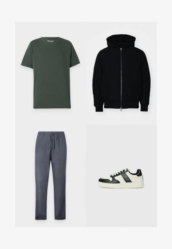 Černá kapucňová bunda s předním zipem, klokaní kapsou, vroubkovanými manžetami a spodním lemem, vystavená na čistém bílém pozadí.; Tmavě zelené bavlněné tričko s kulatým výstřihem, krátkými rukávy a volným střihem. Hladký povrch, bez vzorů nebo ozdob.; Šedé kalhoty vyrobené z hladké tkaniny, s šňůrkovým zapínáním a bočními kapsami. Design s rovnými nohavicemi a čistým provedením.; Kožené tenisky s černobílou barevnou kombinací, které mají perforované detaily, polstrovaný límec a texturovanou podrážku.