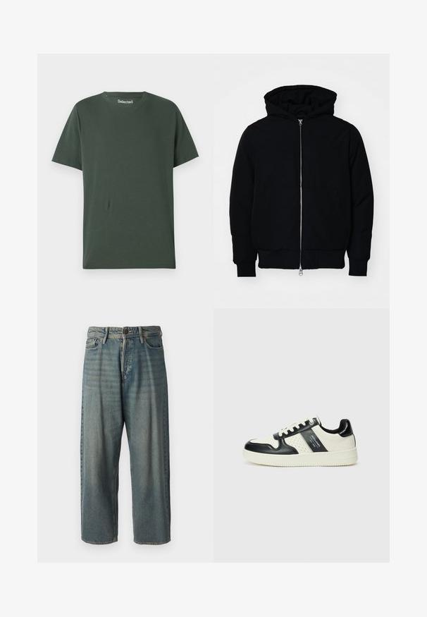 Fekete kapucnis dzseki elülső cipzárral, kenguruzsebbel, bordázott mandzsettákkal és aba, egy sima fehér háttér előtt.; Sötétzöld pamut póló kerek nyakkal, rövid ujjakkal és laza szabással. Sima texture, minta vagy díszítés nélkül.; Világoskék farmernadrág, laza fazonnal, közepes derékbőséggel és egyenes szárral. Öt zsebet, övbucskát és gombos záródást tartalmaz.; Fekete és krém színű bőrsneaker, perforált díszítésekkel, párnázott bokapánttal és texturált talppal.