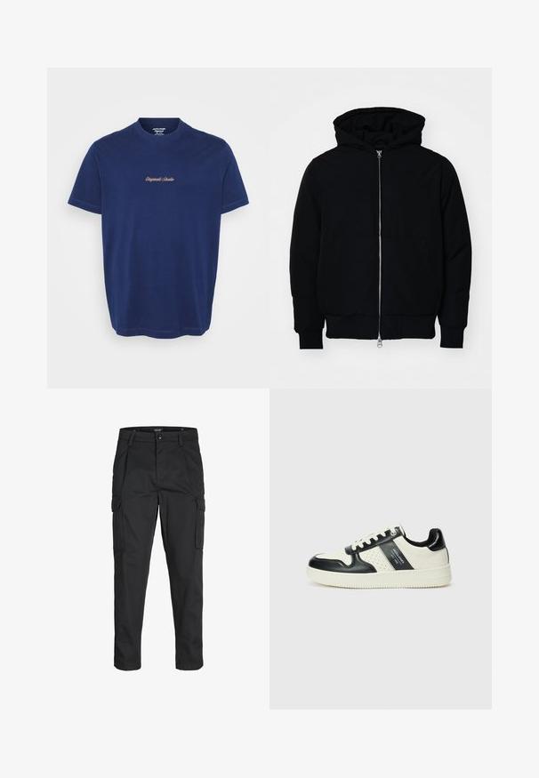 Mustaga kapuutsiga jakk, millel on esineed, kenguru tasku, soonikkoes, ja alläär, esitatud lihtsal valgel taustal.; Tumedat sinine puuvillane t-särk, millel on ümmargune kaelus ja lühikesed varrukad; rinnal on kontrastses pruuni lõngas broderitud "Originals Studio".; Mustad mustapõlvik, mis on valmistatud tugeva koe kasutades, sisaldab mitmeid taskuid, nupule kinnitatav sulgemine ja kitsenev disain.; Nahatud nahkkingad musta ja kreemi värviskeemiga, millel on perforeeritud aktsendid, pehme krae ja tekstureeritud tallad.