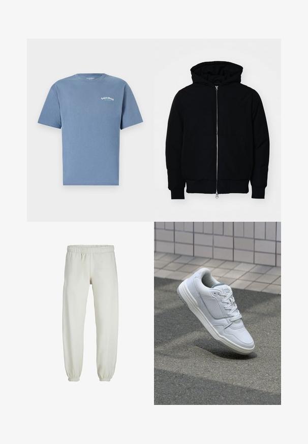 Černá kapucňová bunda s předním zipem, klokaní kapsou, vroubkovanými manžetami a spodním lemem, vystavená na čistém bílém pozadí.; Modrá bavlněná tričko s krátkými rukávy, kulatým výstřihem a potištěným logem na levé hrudi. Měkká textura, volný střih.; Bílé tepláky vyrobené z měkkého materiálu, s elastickým pasem a manžetami, s hladkou texturou a volným střihem.; Bílé kožené tenisky s perforovanými stranami, texturovanými detaily, plochými tkaničkami a kontrastní šedou patou. Mají mírně zvýšenou podrážku.