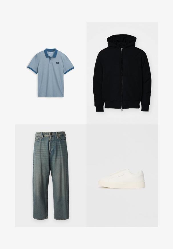 Fekete kapucnis dzseki elülső cipzárral, kenguruzsebbel, bordázott mandzsettákkal és aba, egy sima fehér háttér előtt.; Világoskék pólóing, egyszínű sötétkék gallérral, rövid ujjú, és egy kis textil címke a mellkason, textúrált pamut anyagból készült.; Világoskék farmernadrág, laza fazonnal, közepes derékbőséggel és egyenes szárral. Öt zsebet, övbucskát és gombos záródást tartalmaz.; Fehér slip-on sportcipők texturált felülettel, vastag talppal és minimalista dizájnnal. Az oldalon a márka logója található.