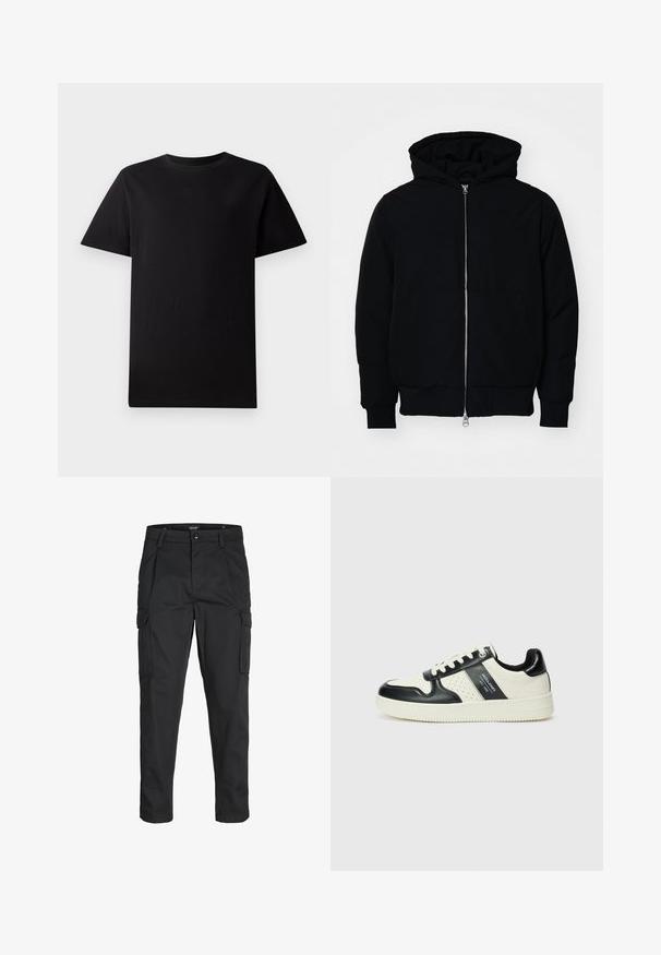 Crna kapuška jakna s prednjim zatvaračem, kenguru džepom, rebrastim manžetama i rubom, prikazana na običnoj bijeloj pozadini.; Jednostavna crna majica s kratkim rukavima i okruglim izrezom od pamuka, postavljena na bijelu podlogu.; Crne cargo hlače izrađene od čvrstog materijala, s brojnim džepovima, kopčanjem na gumb i dizajnom koji pomaže da se prilagode tijelu sa suženim nogavicama.; Kožne tenisice s crno-bijelom paletom boja, koje imaju perforirane akcentne detalje, podstavljeni ovratnik i teksturiranu potplat.