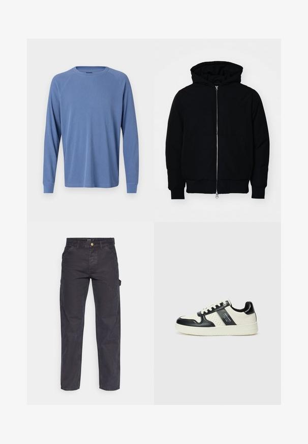 Schwarze Kapuzenjacke mit Frontreißverschluss, Kängurutasche, gerippten Bündchen und Saum, auf einem schlichten weißen Hintergrund präsentiert.; Langärmliges, Rundhals-Shirt in Hellblau, mit strukturiertem Rippdesign und Raglanärmeln mit schmalen Bündchen.; Dunkelgraue Cargo-Hosen aus strapazierfähigem Stoff, mit geradem Bein, fünf Taschen und einem Knopfverschluss an der Taille.; Leder-Sneaker in Schwarz- und Cremetönen, mit perforierten Akzenten, einem gepolsterten Kragen und einer strukturierten Laufsohle.