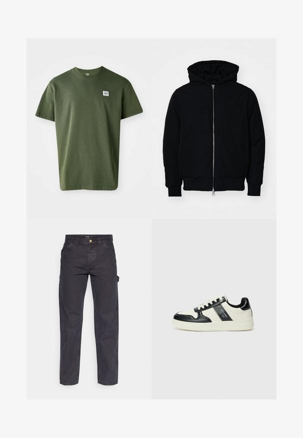 Čierna kapucňová bunda s predným zipsom, klokaními vreckami, rebrovanými manžetami a lemom, zobrazená na bielom pozadí.; Olivovo zelené bavlnené tričko s okrúhlym výstrihom, krátkymi rukávmi a malou nášivkou na ľavej hrudi. Hladká textúra, voľný strih.; Tmavošedé cargo nohavice vyrobené z odolného materiálu, s rovnými nohavicami, piatimi vreckami a gombíkovým zapínaním v páse.; Kožené tenisky v čierno-krémovej farbe, s perforovanými akcentmi, polstrovaným golierom a štruktúrovanou podrážkou.