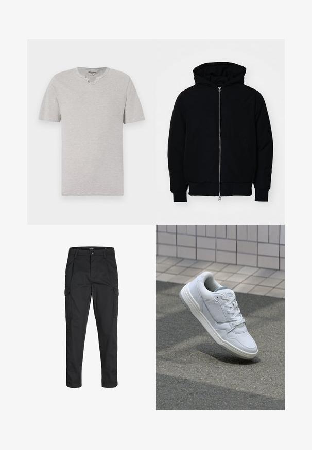 Schwarze Kapuzenjacke mit Frontreißverschluss, Kängurutasche, gerippten Bündchen und Saum, auf einem schlichten weißen Hintergrund präsentiert.; Kurzärmeliges T-Shirt in Grau- und Weißstreifen mit rundem Kragen und zwei Knopfdetails am Ausschnitt. Weicher Stoff mit lässiger Passform.; Schwarze Cargo-Hose aus robustem Material, mit mehreren Taschen, einem Knopfverschluss und einem Slim-Fit-Design mit schmal zulaufenden Beinen.; Weiße Ledersneaker mit perforierten Seiten, strukturierten Akzenten, flachen Schnürsenkeln und einer kontrastierenden grauen Ferse. Verfügt über eine leicht erhöhte Sohle.