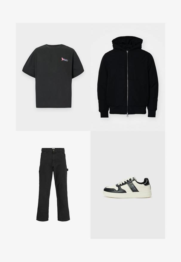 Juodas gobtuvėlis su priekiniu užtrauktuku, kengūros tipo kišene, lygiais rankogaliais ir apvadu, pateiktas ant vientiso balto fono.; Juodas medvilnės marškinėliai su trumpomis rankovėmis, su spalvotu "Paradiso Airlines" logotipu kairiajame krūtinės šone. Standartinio apvalaus kaklo dizainas.; Juodos krovinių kelnės iš medvilnės mišinio audinio. Ypatybės: plačios kojos, šoninės kišenės ir šoninė kišenė su kilpa aksesuarams.; Odiniai sportbačiai juodos ir kreminės spalvų schemoje, su perforuotais akcentais, paminkštinta apykakle ir tekstūruotu padu.