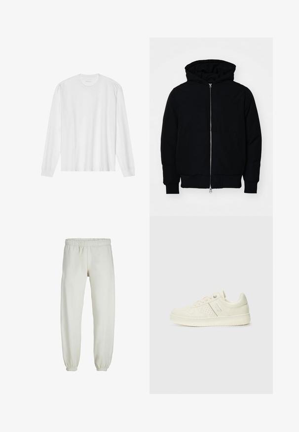Black hooded jacket with front zipper, kangaroo pocket, ribbed cuffs, and hem, displayed on a plain white background.; White long-sleeve cotton t-shirt with a crew neck, featuring ribbed cuffs and a straight hem, smooth texture, and minimalistic design.; White sweatpants made from soft fabric, featuring an elastic waistband and cuffs, with a smooth texture and loose-fitting design.; Cream-colored sneaker with perforated detailing, laces, and logo on the side, displayed against a plain white background.