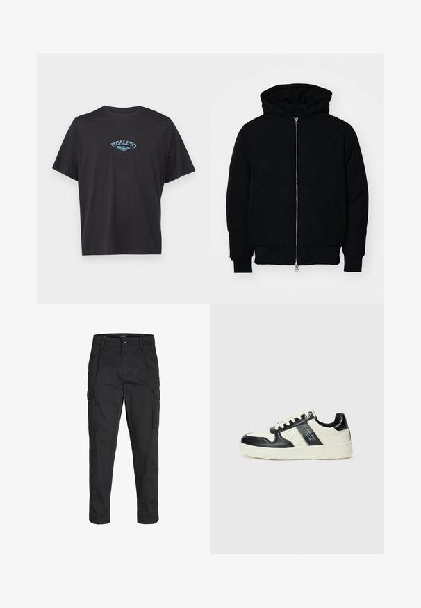 Juodas gobtuvėlis su priekiniu užtrauktuku, kengūros tipo kišene, lygiais rankogaliais ir apvadu, pateiktas ant vientiso balto fono.; Juodas medvilninis marškinėliai su trumpomis rankovėmis ir apvali iškirpte. Pirmoje pusėje yra mėlynas tekstas "HEALING", išlenktu dizainu.; Juodi krovinių tipo džinsai, pagaminti iš tvirto audinio, su keliais kišeniais, mygtuko uždarymu ir siauru, prigludusiu dizainu su siaurėjančiomis kojomis.; Odiniai sportbačiai juodos ir kreminės spalvų schemoje, su perforuotais akcentais, paminkštinta apykakle ir tekstūruotu padu.