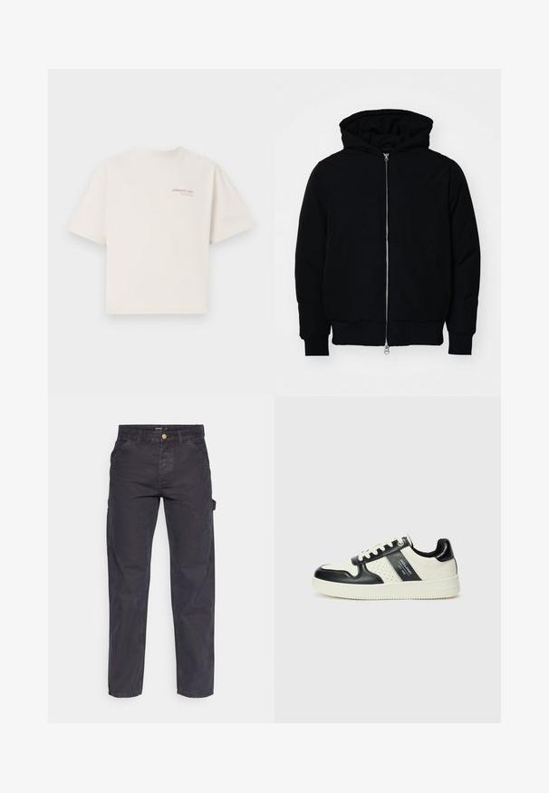 Black hooded jacket with front zipper, kangaroo pocket, ribbed cuffs, and hem, displayed on a plain white background.; Short-sleeve, crew-neck t-shirt in off-white cotton with “ADRIATIC SEA” text in pink on the chest. Relaxed fit and smooth texture.; Dark gray cargo pants made of durable fabric, featuring a straight-leg cut, five pockets, and a button closure at the waist.; Leather sneakers with a black and cream color scheme, featuring perforated accents, a padded collar, and a textured outsole.