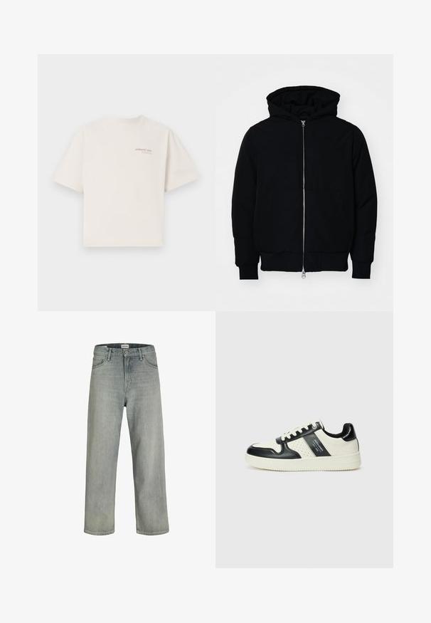 Black hooded jacket with front zipper, kangaroo pocket, ribbed cuffs, and hem, displayed on a plain white background.; Short-sleeve, crew-neck t-shirt in off-white cotton with “ADRIATIC SEA” text in pink on the chest. Relaxed fit and smooth texture.; Light gray, loose-fitting jeans made of denim. Features a classic five-pocket design, belt loops, and a straight leg silhouette.; Leather sneakers with a black and cream color scheme, featuring perforated accents, a padded collar, and a textured outsole.