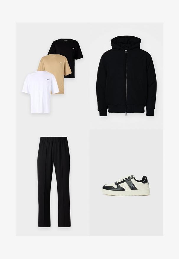 Melna kapucēta jaka ar priekšējo rāvējslēdzēju, kenguru kabatu, ribinātām aprocēm un apakšmalu, parādīta uz vienkārša balta fona.; Trīs īsām piedurknēm T-krekli, sakrauti viens uz otra: balts, bēšs un melns. Katram ir apaļa kakla izgriezums un mazs logo kreisajā krūtī. Audums ir kokvilna.; Melni elastīgi bikses ar taisnas kājas dizainu, ar gludu tekstūru un bez redzamām zīmēm vai detaļām.; Ādas sporta apavi ar melnbaltu krāsu shēmu, ar perforētiem akcentiem, mīkstinātu apkakli un teksturētu zoli.