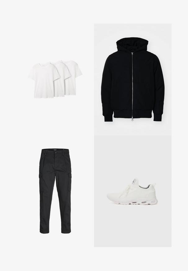 Mustaga kapuutsiga jakk, millel on esineed, kenguru tasku, soonikkoes, ja alläär, esitatud lihtsal valgel taustal.; Kolm lihtsat valget ümarakaelusega t-särki, mis on valmistatud puuvillast. Lühikesed varrukad ja lõdvalt lõigatud. Igaühel on sildike kaelas. Ei mingeid mustreid ega aksessuaare.; Mustad mustapõlvik, mis on valmistatud tugeva koe kasutades, sisaldab mitmeid taskuid, nupule kinnitatav sulgemine ja kitsenev disain.; Valged sportijalatsid, millel on tekstuuriga kudum peal, lame paelad ja pehmendatud tallad nähtavate õhukambritega täiendava toe jaoks.