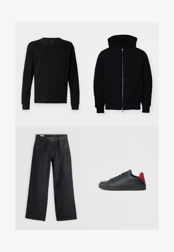 Black hooded jacket with front zipper, kangaroo pocket, ribbed cuffs, and hem, displayed on a plain white background.; Black long-sleeve t-shirt made of soft cotton, featuring a crew neck, ribbed cuffs, and a small chest pocket. Minimalist design.; Dark denim wide-leg pants with a belted waist, featuring front pockets and contrasting stitching. Smooth texture with a clean design.; Black synthetic sneaker with red heel accents, perforated side design, rounded toe, flat black sole, and black laces.