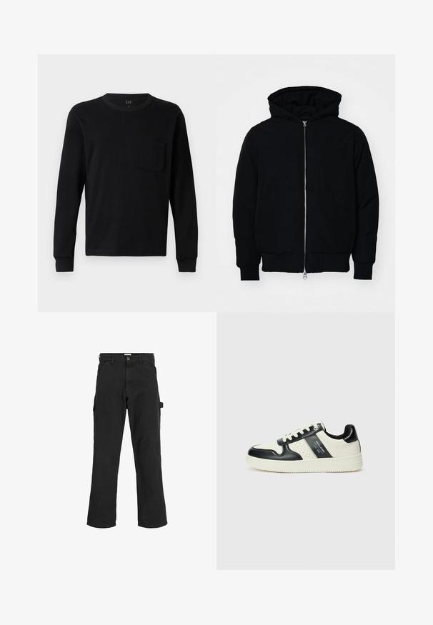 Zwarte hoodie met rits aan de voorkant, kangoeroe-pocket, geribbelde manchetten en zoom, weergegeven op een effen witte achtergrond.; Zwarte langesleeve t-shirt gemaakt van zachte katoen, met een ronde hals, ribgebreide manchetten en een klein borstzakje. Minimalistisch ontwerp.; Zwarte cargobroek van een katoenmix. Heeft wijde pijpen, schuin voorzakken en een zijzak met een lus voor accessoires.; Leren sneakers met een zwart en crèmekleurig kleurenschema, voorzien van geperforeerde accenten, een gevoerde kraag en een gestructureerde buitenzool.