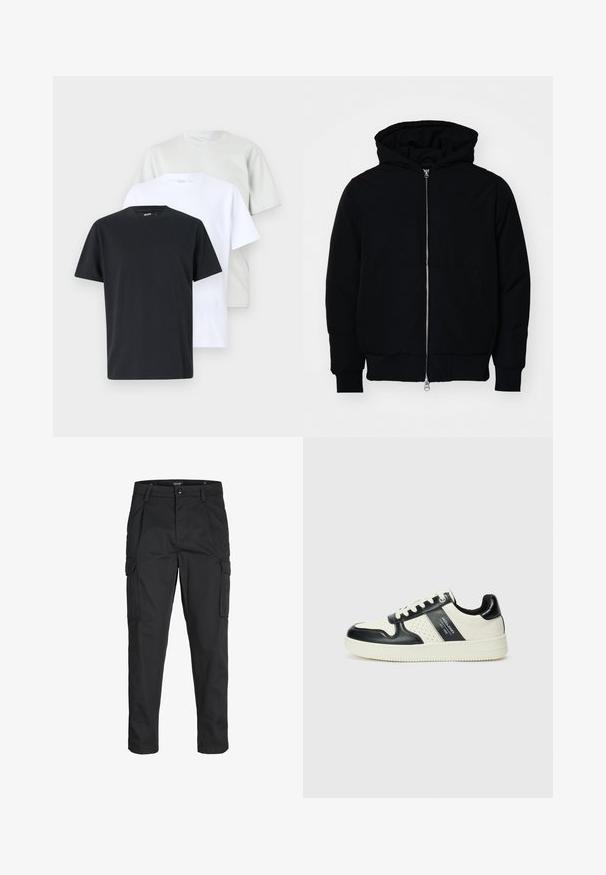 Černá kapucňová bunda s předním zipem, klokaní kapsou, vroubkovanými manžetami a spodním lemem, vystavená na čistém bílém pozadí.; Tři trička s krátkým rukávem v černé, bílé a světle šedé barvě, vyrobená z bavlny, s kulatým výstřihem a volnějším střihem. Hladké, jednobarevné.; Černé cargo kalhoty vyrobené z odolné tkaniny, s mnoha kapsami, knoflíkovým zapínáním a slim fit střihem se zúženými nohavicemi.; Kožené tenisky s černobílou barevnou kombinací, které mají perforované detaily, polstrovaný límec a texturovanou podrážku.