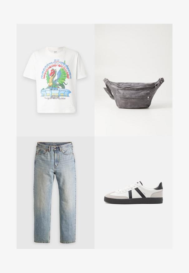 Juodas gobtuvėlis su priekiniu užtrauktuku, kengūros tipo kišene, lygiais rankogaliais ir apvadu, pateiktas ant vientiso balto fono.; Balta medvilninė marškinėliai su spalvinga drakono ir stadiono grafika, o viršuje išdidintu stiliu parašyta "The Rolling Stones".; Šviesiai mėlynos džinsinės kelnės su aukštu liemeniu, priekyje mygtukas, užtrauktukas ir penkių kišenių dizainas, išklotos ant neutralios fono.; Balti sportbačiai su juodais ir pilkais akcentais, pasižymintys tekstūruotu pilku pirštų dangteliu, juoda gumine padais ir plokščiomis baltomis raišteliais. Švarus dizainas, minimalistinis stilius.; Pilkas suedes fanny pack'as apvalios formos, su dviem užtraukiamais skyreliais ir reguliuojama diržele. Yra metaliniai aksesuarai.