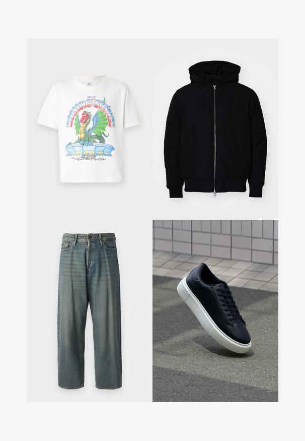 Črna kapuca jakna s sprednjim zadrgo, kenguru žepom, rebrastimi manšetami in hemom, razstavljena na enostavni beli ozadju.; Bela bombažna majica s pisanimi grafičnimi motivi z zmajem in stadionom, s tekstom "The Rolling Stones" v debelih, stiliziranih črkah.; Svetlomoderne kavbojke z ohlapnim krojem, srednjim pasom in ravnimi nogami. Imajo pet žepov, zanke za pas in zapiranje na gumb.; Črne usnjene superge z zaobljenim prstom in belim gumijastim podplat. Imajo ravne vezalke in minimalno šivanje na zgornjem delu. Teksturirani podplat za oprijem.