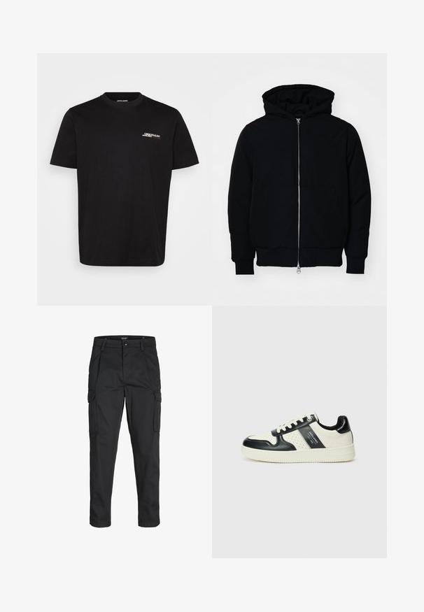 Black hooded jacket with front zipper, kangaroo pocket, ribbed cuffs, and hem, displayed on a plain white background.; Black cotton t-shirt featuring short sleeves, a round neckline, and a small white and red "ORIGINALS" text detail on the front.; Black cargo pants made of sturdy fabric, featuring multiple pockets, a button closure, and a slim fit design with tapered legs.; Leather sneakers with a black and cream color scheme, featuring perforated accents, a padded collar, and a textured outsole.