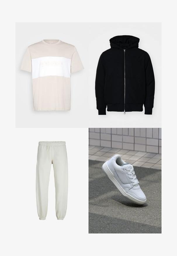 Schwarze Kapuzenjacke mit Frontreißverschluss, Kängurutasche, gerippten Bündchen und Saum, auf einem schlichten weißen Hintergrund präsentiert.; Beige Baumwoll-T-Shirt mit weißem horizontalem Einsatz. Verfügt über einen Rundhalsausschnitt und ein dezentes, eingeprägtes Logo auf der Brust. Kurze Ärmel.; Weiße Jogginghose aus weichem Stoff, mit elastischem Bund und Säumen, einer glatten Textur und lockerem Schnitt.; Weiße Ledersneaker mit perforierten Seiten, strukturierten Akzenten, flachen Schnürsenkeln und einer kontrastierenden grauen Ferse. Verfügt über eine leicht erhöhte Sohle.