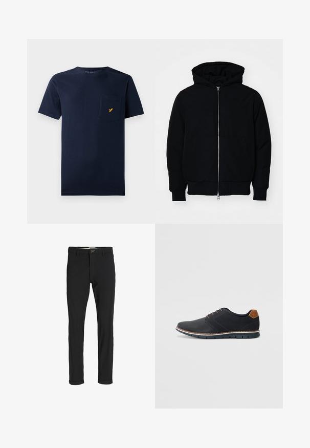 Juodas gobtuvėlis su priekiniu užtrauktuku, kengūros tipo kišene, lygiais rankogaliais ir apvadu, pateiktas ant vientiso balto fono.; Tamsiai mėlyna medvilninė marškinėliai trumpomis rankovėmis, apvaliu iškirpimu ir krūtinės kišene, kurią puošia mažas geltonas paukščio logotipas.; Juodi medvilnės mišiniai kelnės su siauru siluetu, su mygtuko uždarymu, kišenėmis ir sukamučiais galais, suteikiančiais laisvalaikio stilių.; Juodi sintetiniai batai su tekstūruotu paviršiumi, lygiomis detalėmis, ruda kulna ir kontrastingu padu. Yra minimalus raištelių užsidėjimas ir siuvimo detalės.