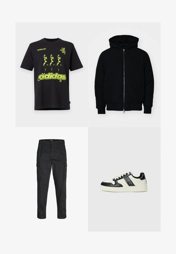 Juodas gobtuvėlis su priekiniu užtrauktuku, kengūros tipo kišene, lygiais rankogaliais ir apvadu, pateiktas ant vientiso balto fono.; Juoda medvilnės marškinėliai su ryškiai žalia grafika, vaizduojančia tris figūras ir tekstu "adidas" apačioje. Apvaliu kaklu.; Juodi krovinių tipo džinsai, pagaminti iš tvirto audinio, su keliais kišeniais, mygtuko uždarymu ir siauru, prigludusiu dizainu su siaurėjančiomis kojomis.; Odiniai sportbačiai juodos ir kreminės spalvų schemoje, su perforuotais akcentais, paminkštinta apykakle ir tekstūruotu padu.