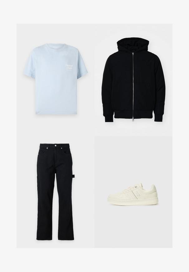 Black hooded jacket with front zipper, kangaroo pocket, ribbed cuffs, and hem, displayed on a plain white background.; Light blue t-shirt made of cotton, featuring a crew neckline, short sleeves, and a small white logo on the chest, with a smooth texture.; Black denim pants with a straight-leg cut, front pockets, and back patch pockets. Features silver hardware and side loop detail for functionality.; Cream-colored sneaker with perforated detailing, laces, and logo on the side, displayed against a plain white background.