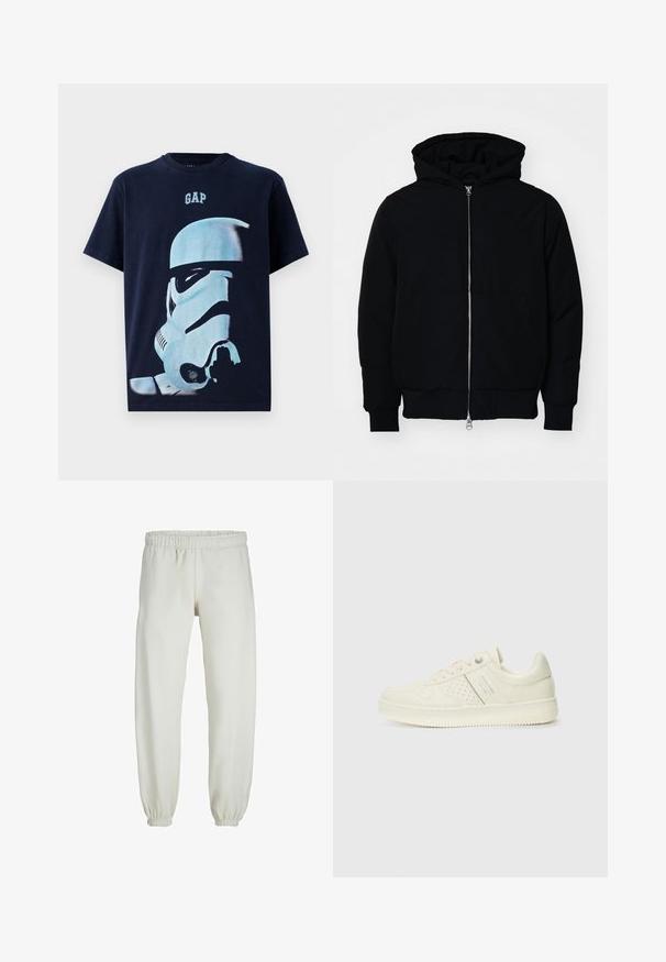 Black hooded jacket with front zipper, kangaroo pocket, ribbed cuffs, and hem, displayed on a plain white background.; GAP TEE - Print T-shirt - navy; White sweatpants made from soft fabric, featuring an elastic waistband and cuffs, with a smooth texture and loose-fitting design.; Cream-colored sneaker with perforated detailing, laces, and logo on the side, displayed against a plain white background.
