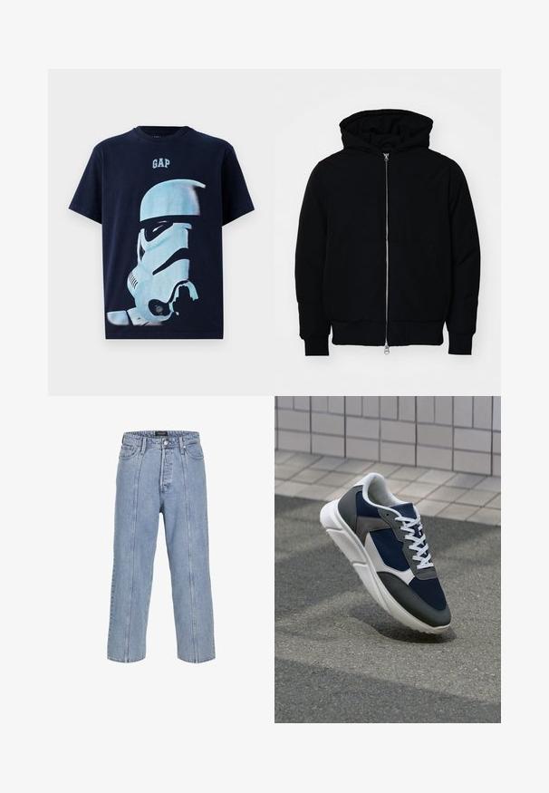Černá kapucňová bunda s předním zipem, klokaní kapsou, vroubkovanými manžetami a spodním lemem, vystavená na čistém bílém pozadí.; GAP TEE - Triko s potiskem - navy; Světle modré džíny z denimu s volným střihem, širokými nohavicemi a viditelnými švy. Obsahují zapínání na knoflík a zip, pět kapes.; Tenisky s horní částí z námornicky modré síťoviny, šedými semišovými akcenty, bílou gumovou podrážkou a plochými bílými tkaničkami, navržené pro pohodlí a prodyšnost.