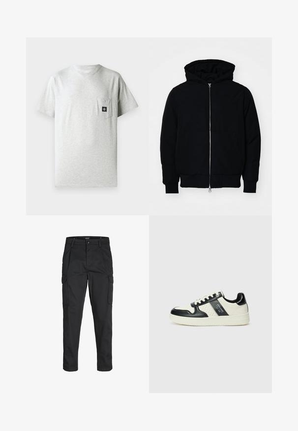 Svart hettejakke med frontglidelås, kengurulomme, ribbestrikket mansjetter og søm, vist på en ensfarget hvit bakgrunn.; Grå herre t-skjorte i bomull med rund hals, korte ermer og lomme på venstre bryst med et lite svart logo-patch.; Sorte cargo bukser laget av slitesterkt stoff, med flere lommer, knappelukking og en slim fit-design med avsmalnede ben.; Lædersneakers med sort og creme farveskema, der har perforerede detaljer, en polstret krave og en struktureret ydersål.